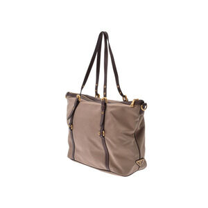 Prada Tote Bag Canvas Khaki Leather Brown Strap Green